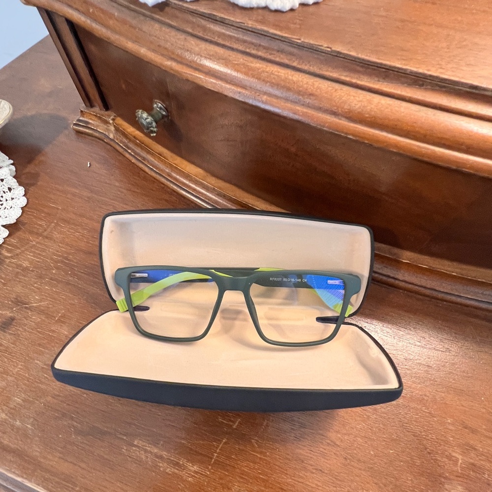 Matte Dark Green Rectangular Eyeglasses with Lime Green Temples